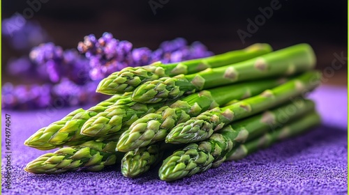 Fresh green asparagus spears arranged on purple background with lavender.