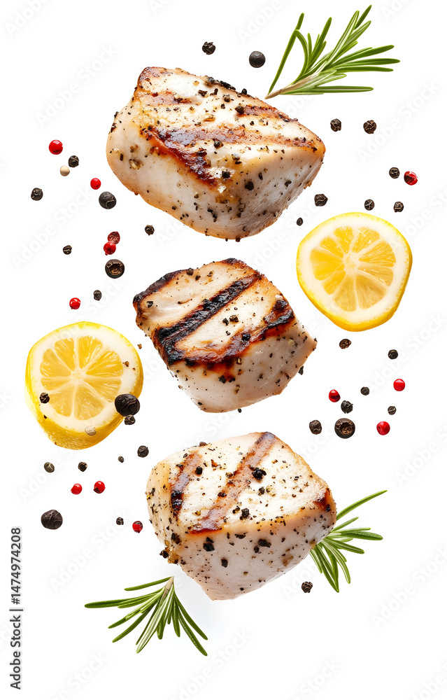 fresh grilled chicken cubes, flying with lemon slices, rosemary sprigs, black and pink peppercorns, isolated on white background