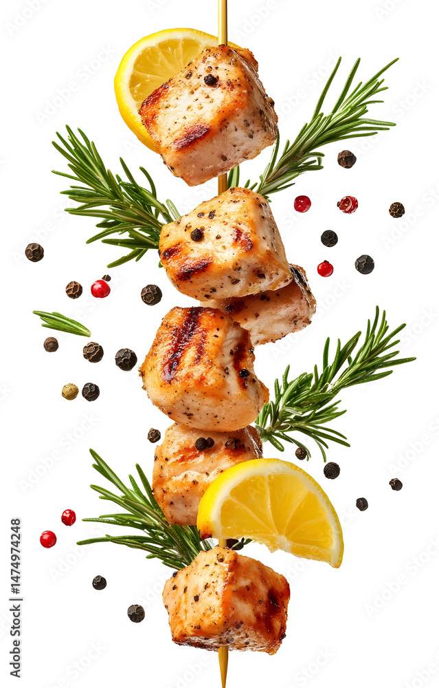 fresh grilled chicken cubes, flying with lemon slices, rosemary sprigs, black and pink peppercorns, isolated on white background