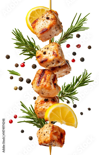 Obraz na płótnie fresh grilled chicken cubes, flying with lemon slices, rosemary sprigs, black and pink peppercorns, isolated on white background w salonie