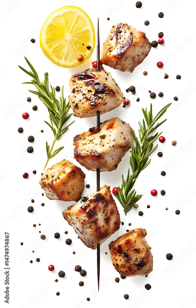 fresh grilled chicken cubes, flying with lemon slices, rosemary sprigs, black and pink peppercorns, isolated on white background