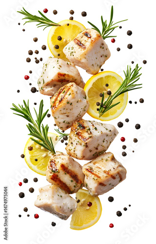 Obraz na płótnie fresh grilled chicken cubes, flying with lemon slices, rosemary sprigs, black and pink peppercorns, isolated on white background w salonie
