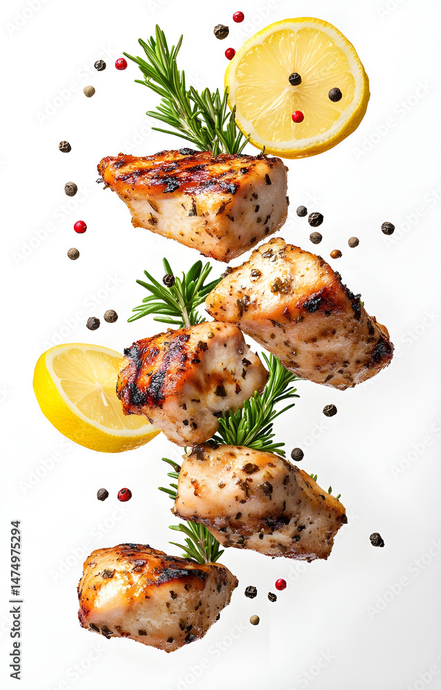 fresh grilled chicken cubes, flying with lemon slices, rosemary sprigs, black and pink peppercorns, isolated on white background