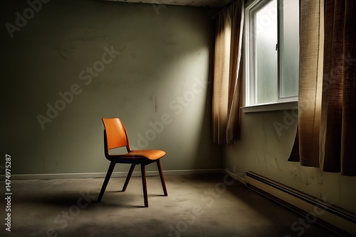 A solitary orange chair sits in a dimly lit, abandoned room, bathed in the soft light of a window.