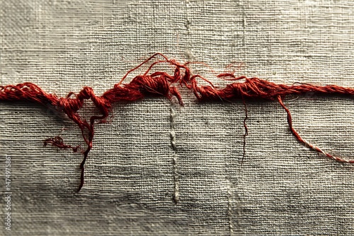 Frayed red thread on a textured white fabric surface, a close-up showcasing delicate needlework and textile detail.