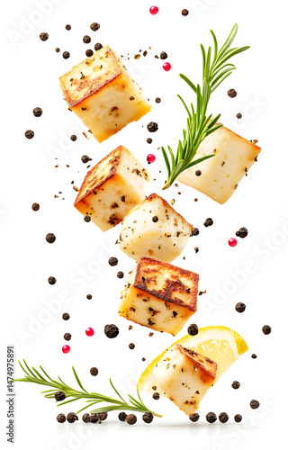 fresh grilled cheese cubes, flying with lemon slices, rosemary sprigs, black and pink peppercorns, isolated on white background