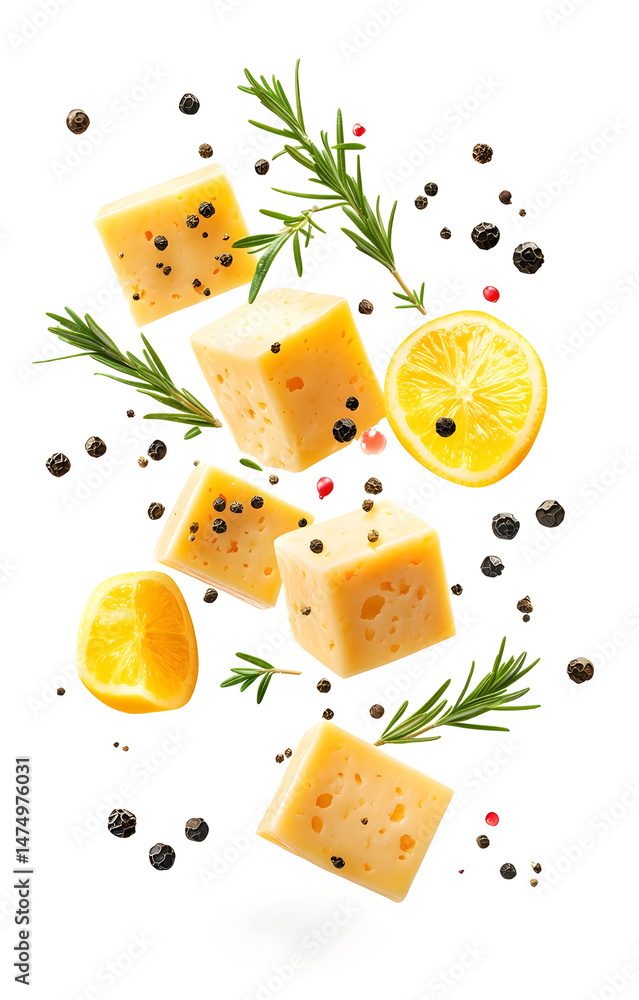 fresh grilled cheese cubes, flying with lemon slices, rosemary sprigs, black and pink peppercorns, isolated on white background