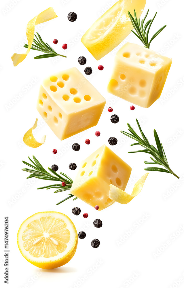 fresh grilled cheese cubes, flying with lemon slices, rosemary sprigs, black and pink peppercorns, isolated on white background
