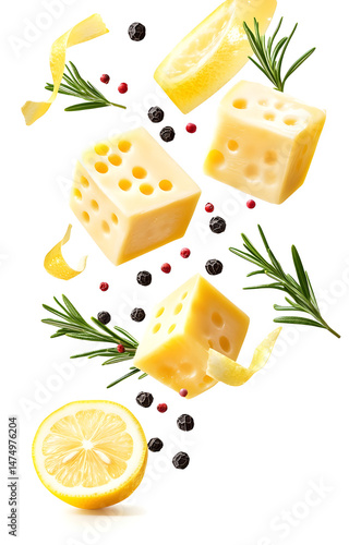 Obraz na płótnie fresh grilled cheese cubes, flying with lemon slices, rosemary sprigs, black and pink peppercorns, isolated on white background w salonie
