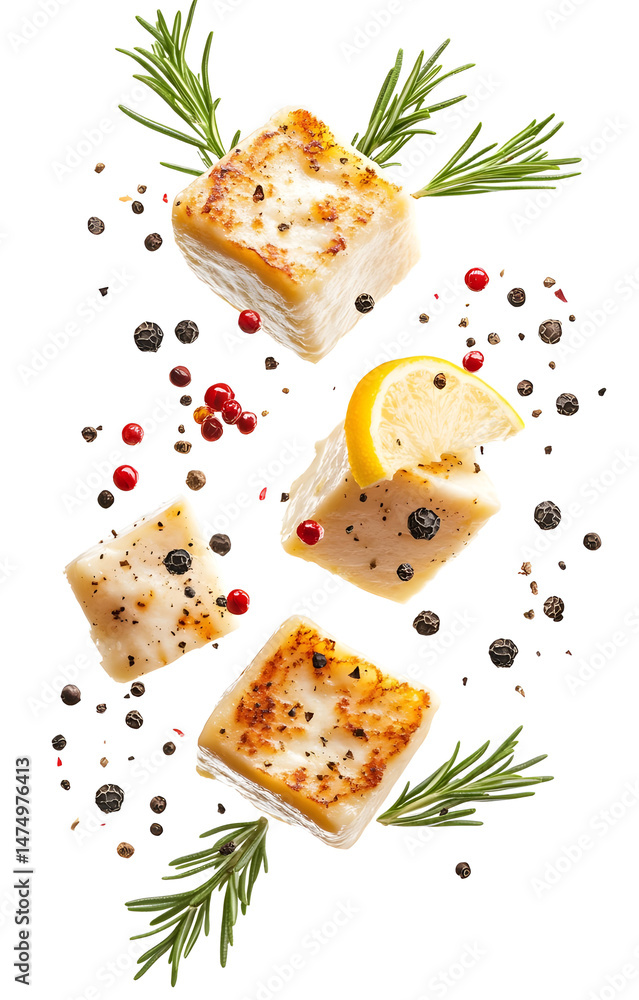 fresh grilled cheese cubes, flying with lemon slices, rosemary sprigs, black and pink peppercorns, isolated on white background