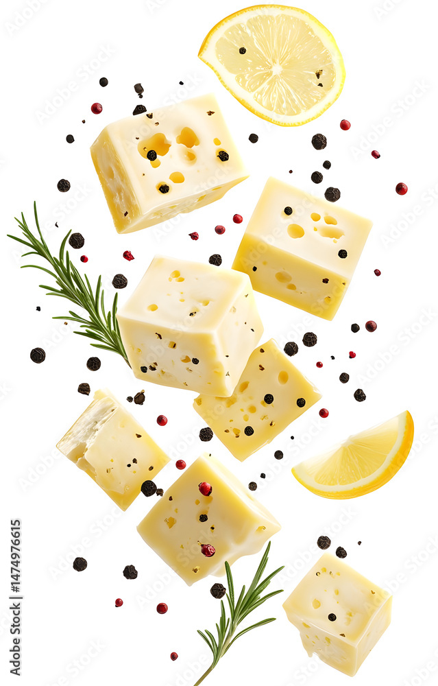fresh grilled cheese cubes, flying with lemon slices, rosemary sprigs, black and pink peppercorns, isolated on white background