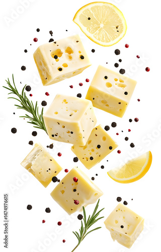 Obraz na płótnie fresh grilled cheese cubes, flying with lemon slices, rosemary sprigs, black and pink peppercorns, isolated on white background w salonie