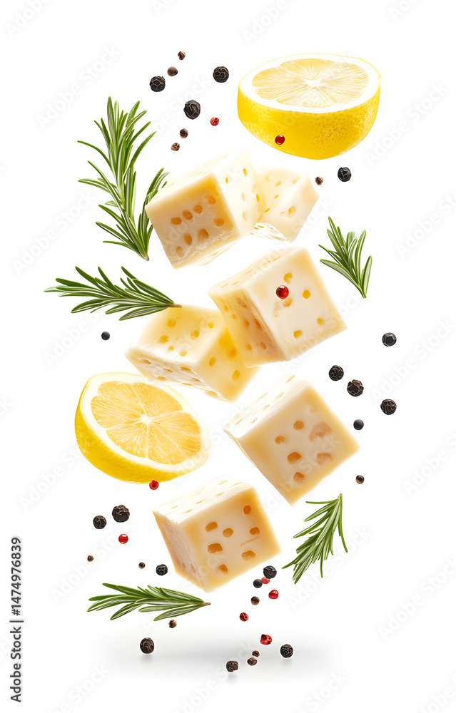 fresh grilled cheese cubes, flying with lemon slices, rosemary sprigs, black and pink peppercorns, isolated on white background