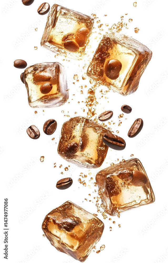 coffee ice cubes, flying with coffee grains, isolated on white background