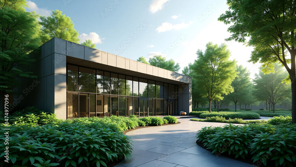 Obraz premium A modern building in a green environment, featuring a glass facade and lush greenery. It's surrounded by trees, plants, and a walkway