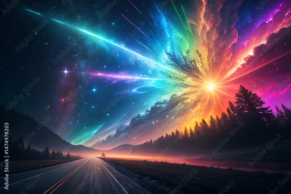 Obraz premium Stunning Night Sky with Vibrant Meteor Shower Over a Road