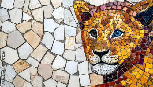 Mosaic Lion's Gaze: A captivating artistic expression showcasing a lion cub's face meticulously crafted with mosaic tiles, depicting its striking gaze and unique charm. 