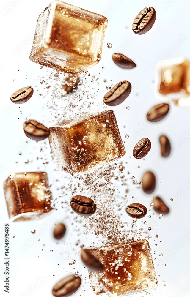 coffee ice cubes, flying with coffee grains, isolated on white background