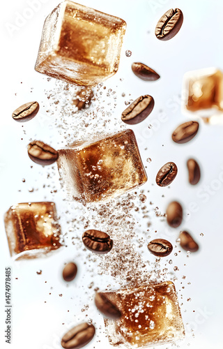 Obraz na płótnie coffee ice cubes, flying with coffee grains, isolated on white background w salonie