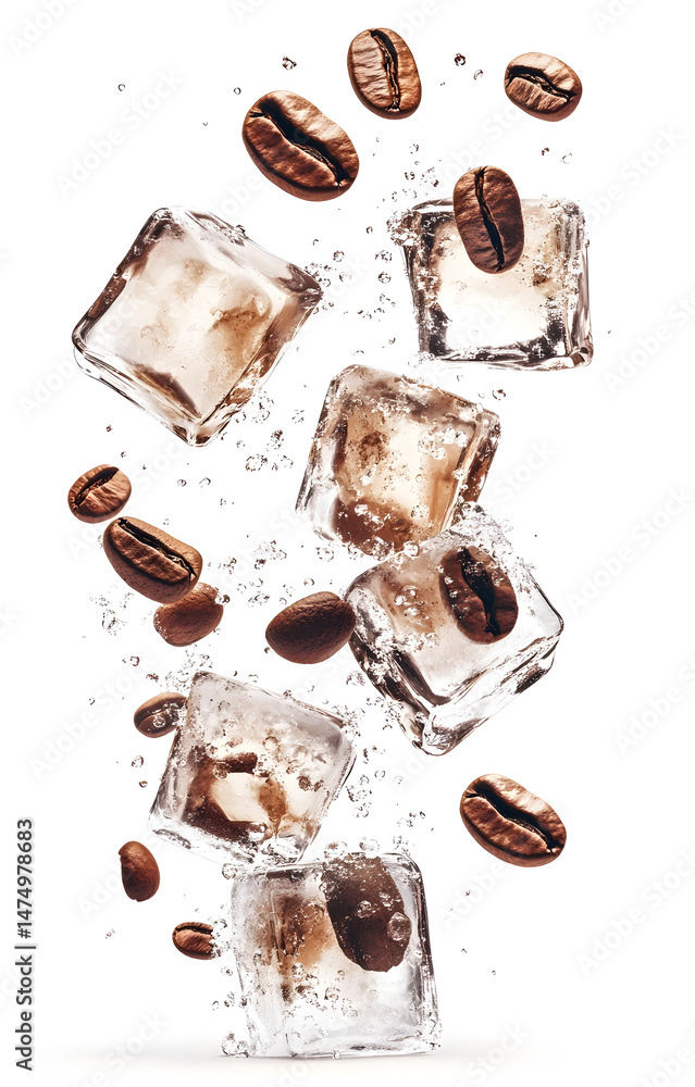 coffee ice cubes, flying with coffee grains, isolated on white background