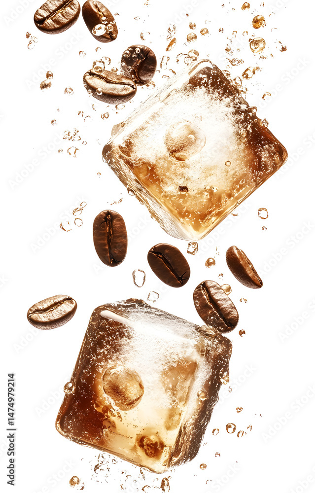coffee ice cubes, flying with coffee grains, isolated on white background