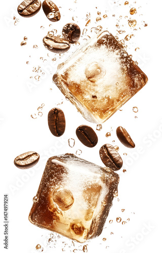 coffee ice cubes, flying with coffee grains, isolated on white background