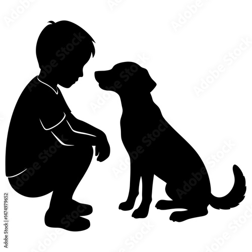 Boy and dog looking at each other silhouette vector illustration