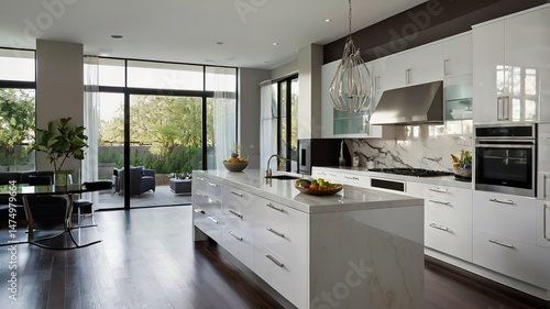 Sleek and contemporary kitchen features glossy white cabinets with chrome hardware, contrasting dark countertops.