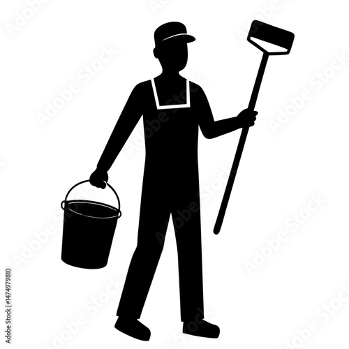 Janitor with mop and bucket silhouette vector illustration