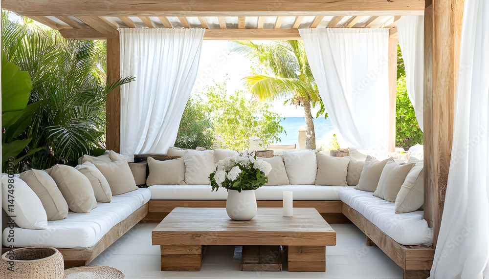 Elegant outdoor lounge area with white curtains and ocean view for relaxation and tranquility. A serene outdoor lounge area with flowing white curtains and beautiful ocean view