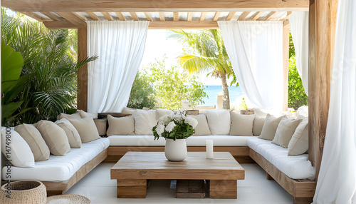 Obraz na płótnie Elegant outdoor lounge area with white curtains and ocean view for relaxation and tranquility. A serene outdoor lounge area with flowing white curtains and beautiful ocean view w salonie