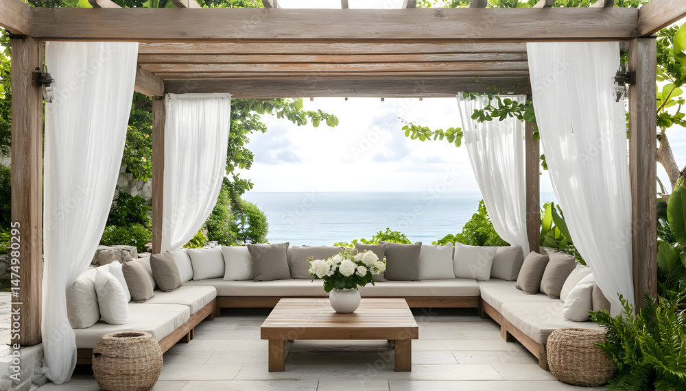 Elegant outdoor lounge area with white curtains and ocean view for relaxation and tranquility. A serene outdoor lounge area with flowing white curtains and beautiful ocean view