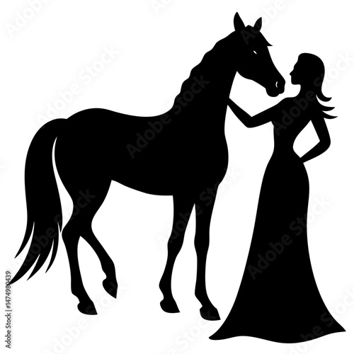 Woman and horse black silhouette vector illustration