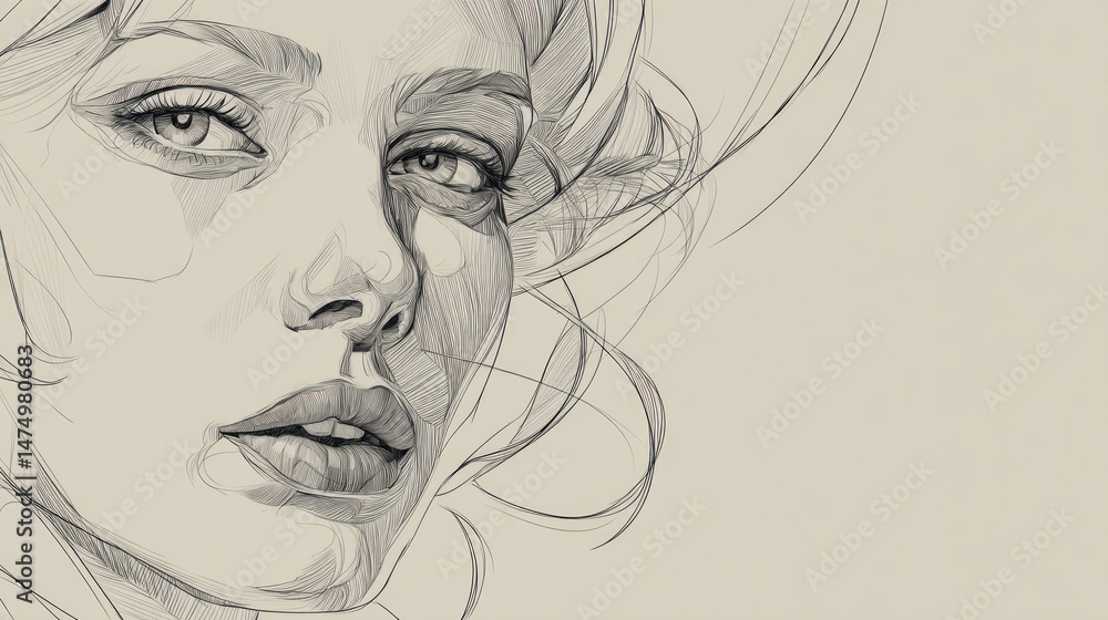Fototapeta premium Close-up line drawing of a woman's face and flowing hair