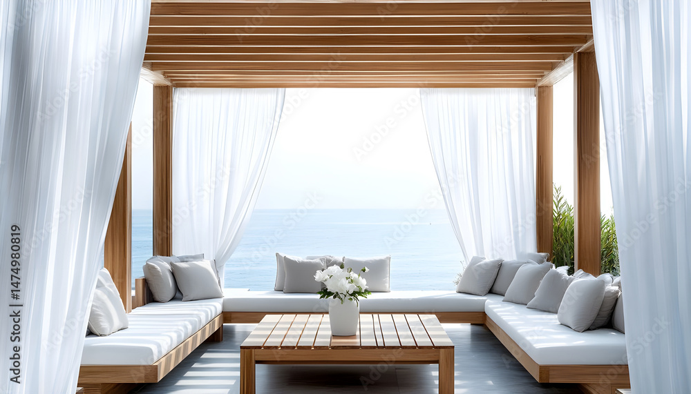 Elegant outdoor lounge area with white curtains and ocean view for relaxation and tranquility. A serene outdoor lounge area with flowing white curtains and beautiful ocean view