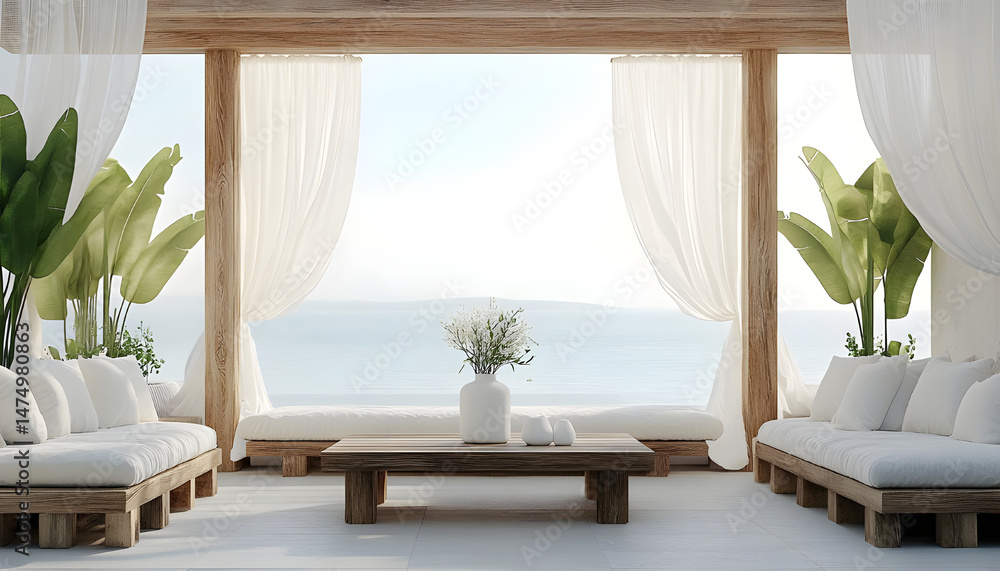 Elegant outdoor lounge area with white curtains and ocean view for relaxation and tranquility. A serene outdoor lounge area with flowing white curtains and beautiful ocean view