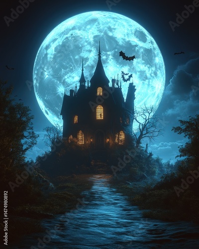 Haunted mansion under a full moon