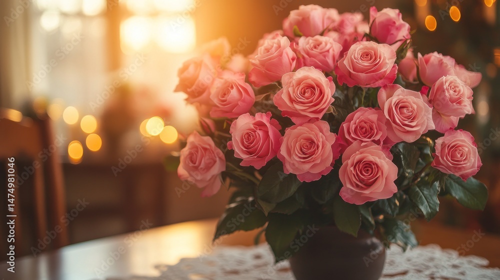Obraz premium A bouquet of pink roses in a vase on a table, illuminated by warm, sunlit bokeh.
