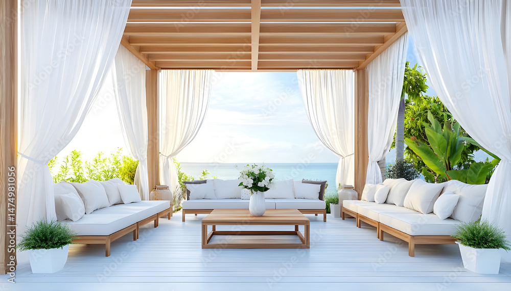 Elegant outdoor lounge area with white curtains and ocean view for relaxation and tranquility. A serene outdoor lounge area with flowing white curtains and beautiful ocean view