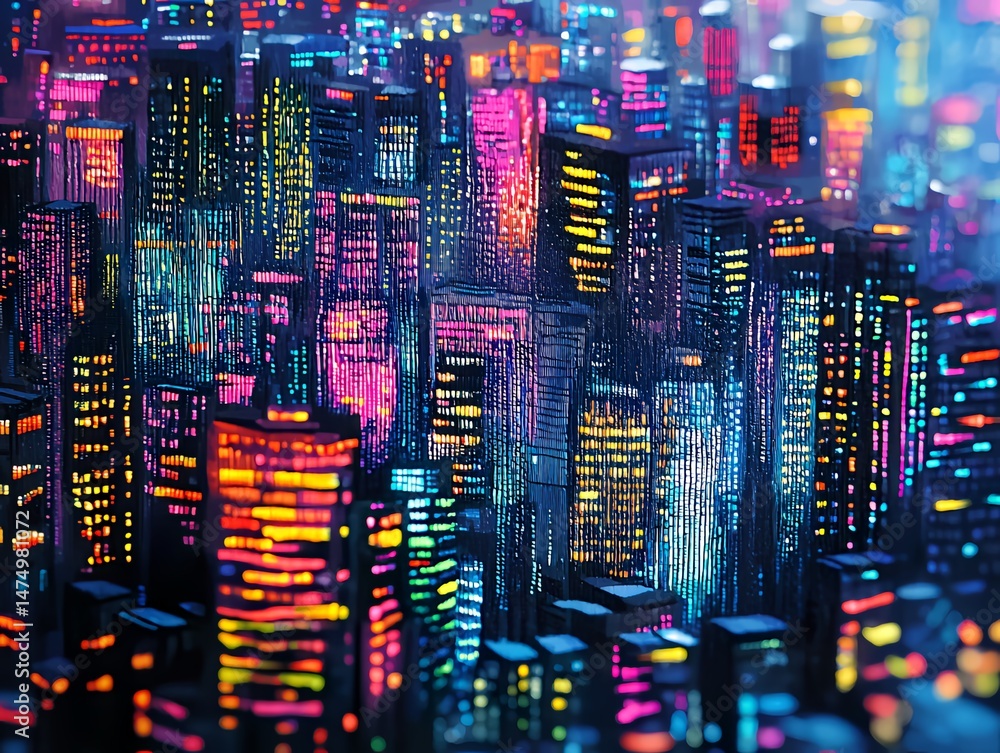 Obraz premium City Skyline at Night: Captivating neon-lit city skyline comes alive against the night sky, a tapestry of dazzling light and urban architecture.