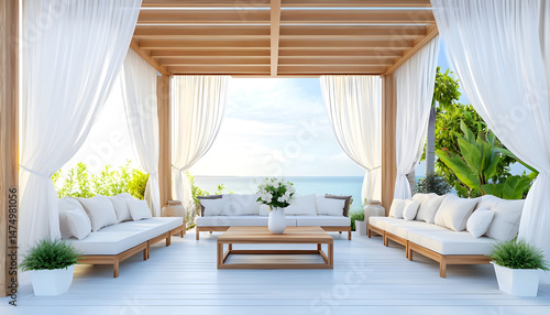 Obraz na płótnie Elegant outdoor lounge area with white curtains and ocean view for relaxation and tranquility. A serene outdoor lounge area with flowing white curtains and beautiful ocean view w salonie