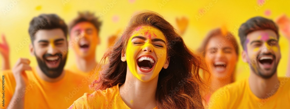 Fototapeta premium Joyful Celebration of Colors with People Smiling in Yellow Theme