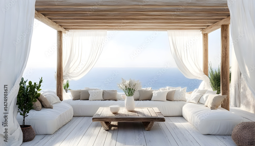 Elegant outdoor lounge area with white curtains and ocean view for relaxation and tranquility. A serene outdoor lounge area with flowing white curtains and beautiful ocean view