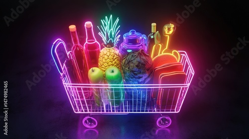 Neon-lit shopping cart filled with vibrant fruits and bottles against a dark background