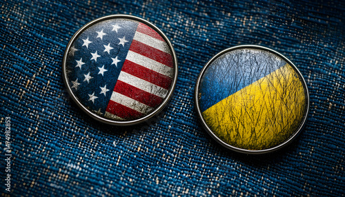 Obraz na płótnie Badges of United States and Ukraine resting on textured blue surface, representing solidarity. Close-up of two badges displaying flags of United States and Ukraine, set against textured blue backdrop w salonie
