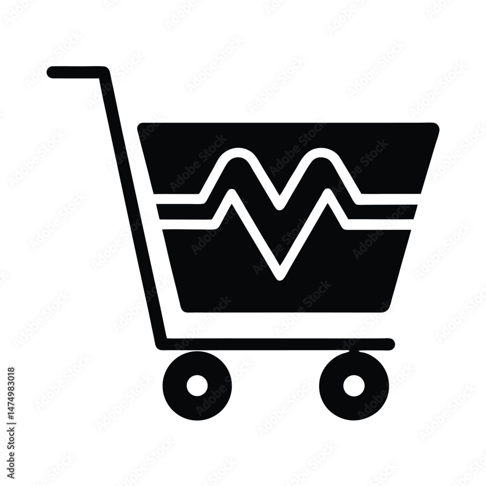 Shopping cart graphic with a heart rate cardiogram symbol inside representing health or medical ecommerce Shopping cart graphic with a heart rate cardiogram symbol inside representing health or medical ecommerce