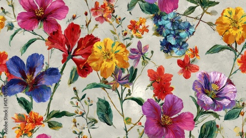 Vibrant floral pattern on a light gray background.  A multitude of colorful flowers, including pinks, reds, blues, and yellows, bloom in a lush, detailed design