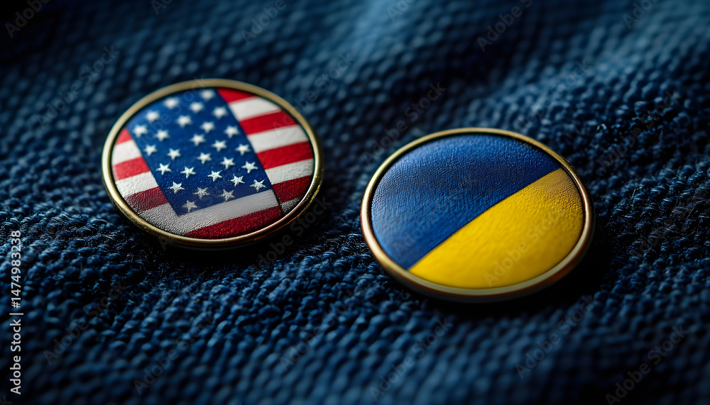 Badges of United States and Ukraine resting on textured blue surface, representing solidarity. Close-up of two badges displaying flags of United States and Ukraine, set against textured blue backdrop