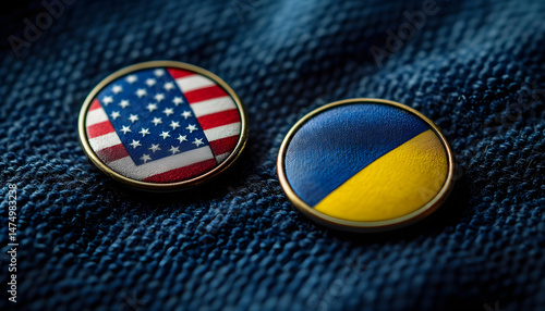 Obraz na płótnie Badges of United States and Ukraine resting on textured blue surface, representing solidarity. Close-up of two badges displaying flags of United States and Ukraine, set against textured blue backdrop w salonie