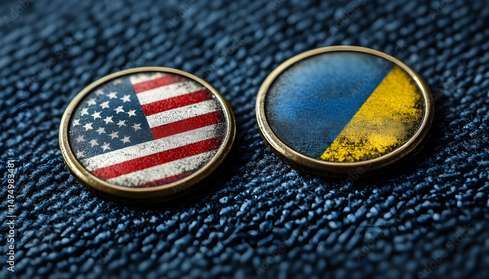 Badges of United States and Ukraine resting on textured blue surface, representing solidarity. Close-up of two badges displaying flags of United States and Ukraine, set against textured blue backdrop